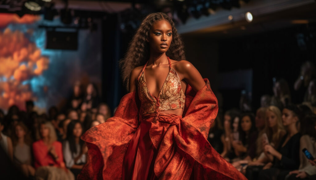 design professional showcases elegant fashion collection on stage generated by ai